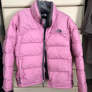 North Face women’s size L 700 pink and grey puffer